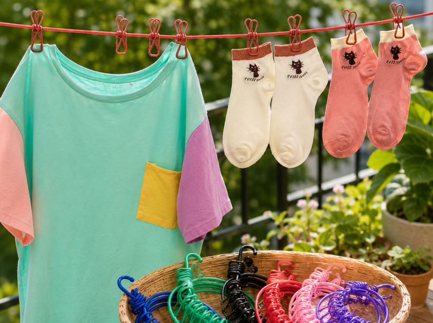 Clothesline Rope Elastic Cloth Drying Hanging Rope with 12 Clips