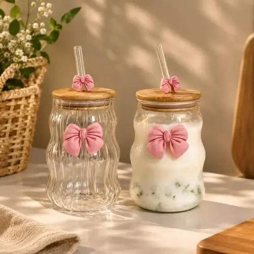 Curvy Glass Tumbler Set with Pink Bow Charms