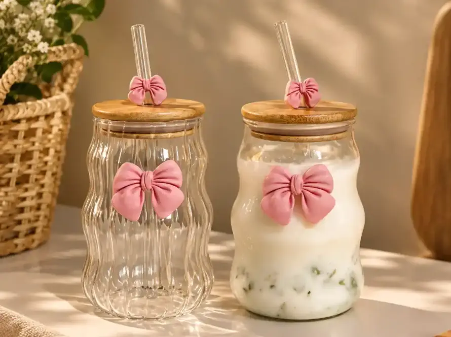 Curvy Glass Tumbler Set with Pink Bow Charms