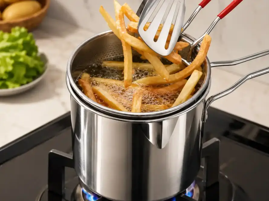 Deep Frying Pot with Strainer Basket 1200ml Stainless Steel