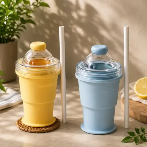 Silicone Ice Ball Cup Foldable Water Bottle with Straw 2 in 1 Collapsible Mug Portable Outdoor