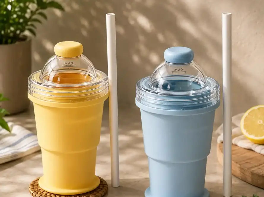 Silicone Ice Ball Cup Foldable Water Bottle with Straw 2 in 1 Collapsible Mug Portable Outdoor