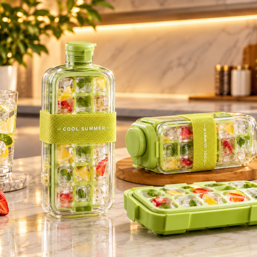 Multifunctional 3 in 1 ice cube tray press easy demoulding portable water bottle with straw