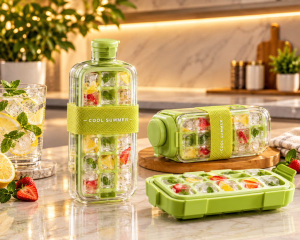 Multifunctional 3 in 1 ice cube tray press easy demoulding portable water bottle with straw